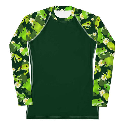 Kero-kero kawaii rash guard in green with leaping frogs and golden-eyed lotus blooms