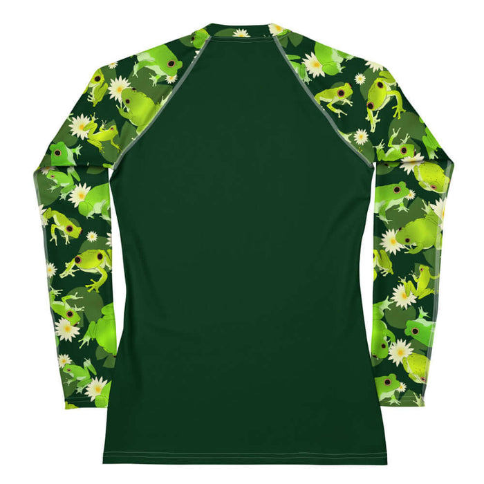Kero-kero kawaii rash guard in green with speckled frogs and floating lily pads