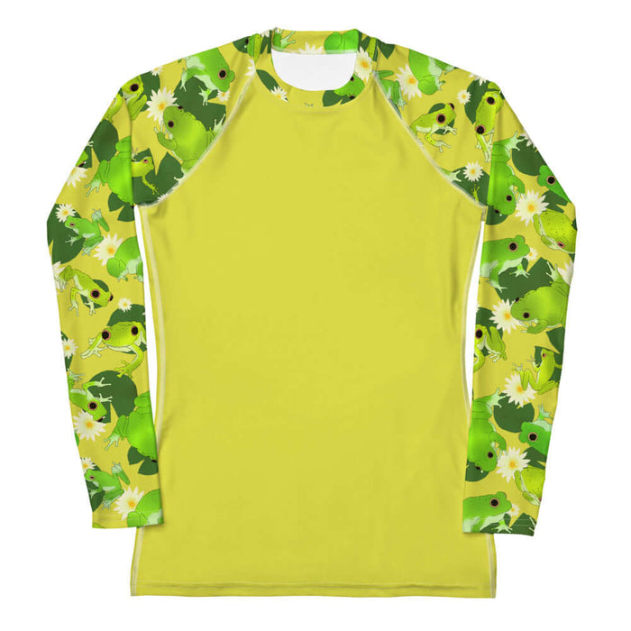 Kero-kero kawaii rash guard in yellow with webbed-toed frogs and white lotus blossoms