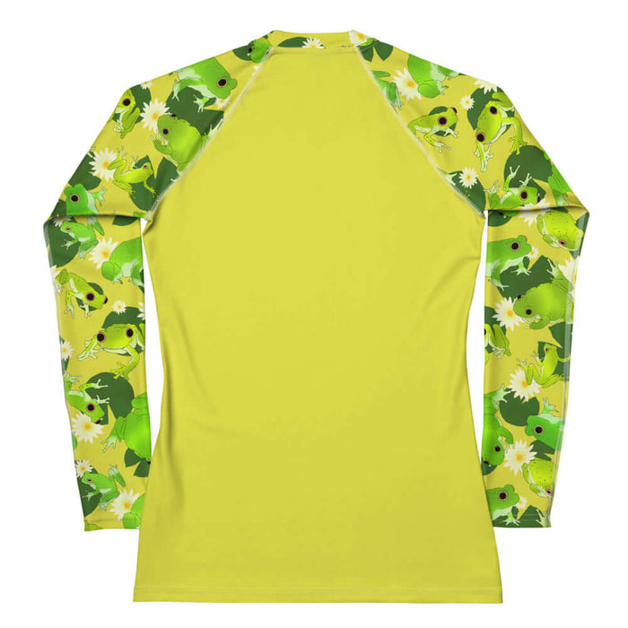 Kero-kero kawaii rash guard in green with hopping green frogs and sunlit water lilies