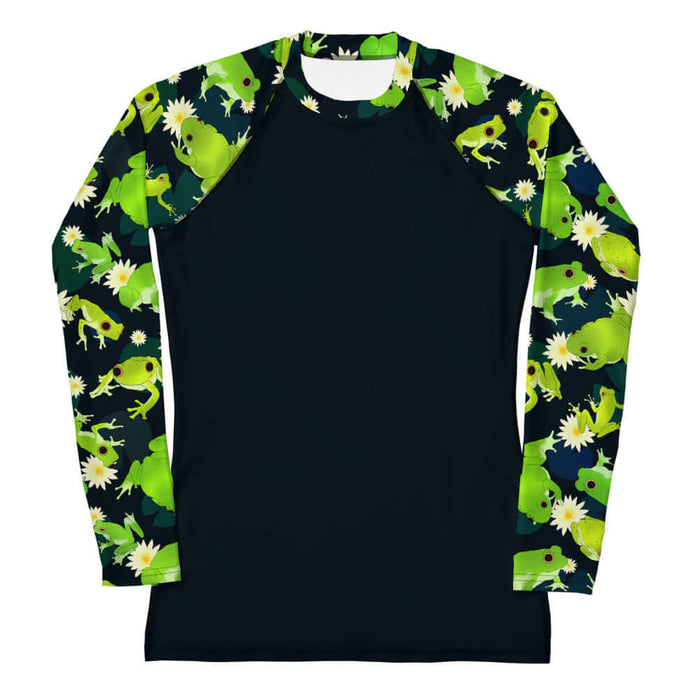 Kero-kero kawaii rash guard in green with long-legged frogs and lily pads