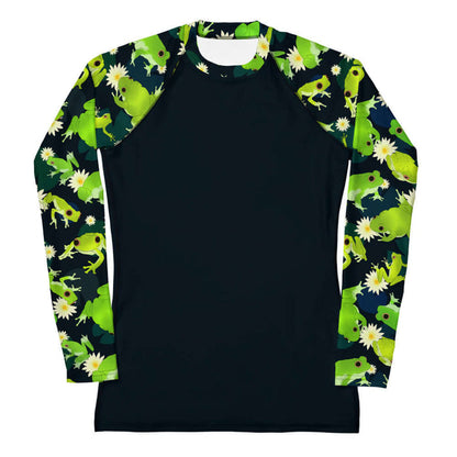 Kero-kero kawaii rash guard in green with long-legged frogs and lily pads