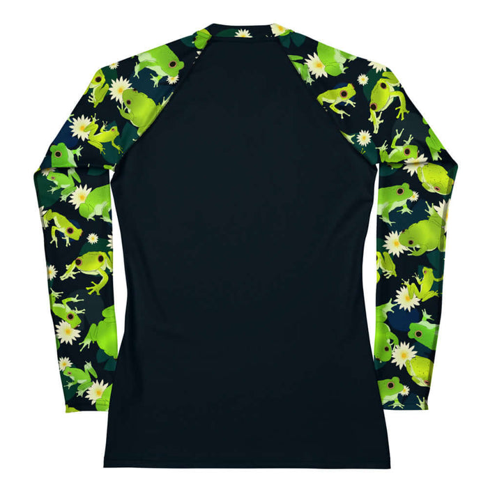 Kero-kero kawaii rash guard in green with plump green frogs and golden lily centers