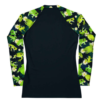 Kero-kero kawaii rash guard in green with plump green frogs and golden lily centers