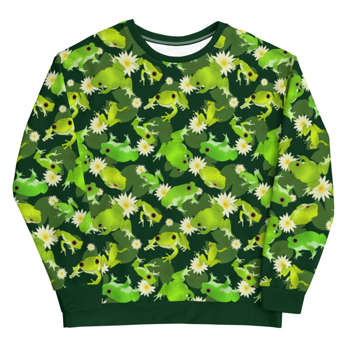 Kero-kero kawaii sweatshirt in green with frogs mid-jump and pale water lilies