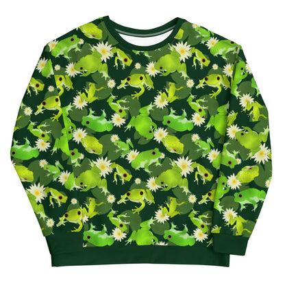 Kero-kero kawaii sweatshirt in green with frogs mid-jump and pale water lilies