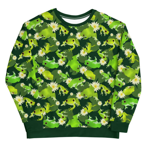 Kero-kero kawaii sweatshirt in green with frogs mid-jump and pale water lilies