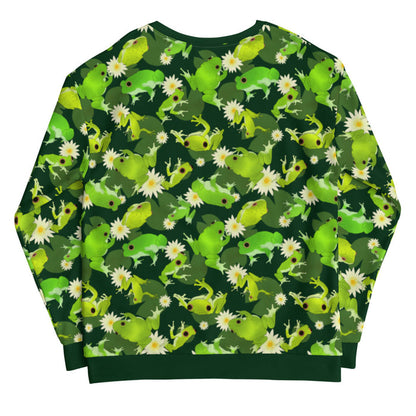 Kero-kero kawaii sweatshirt in green with green tree frogs and white water lilies