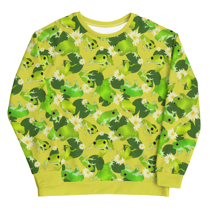 Kero-kero kawaii sweatshirt in green with leaping frogs and golden-eyed lotus blooms