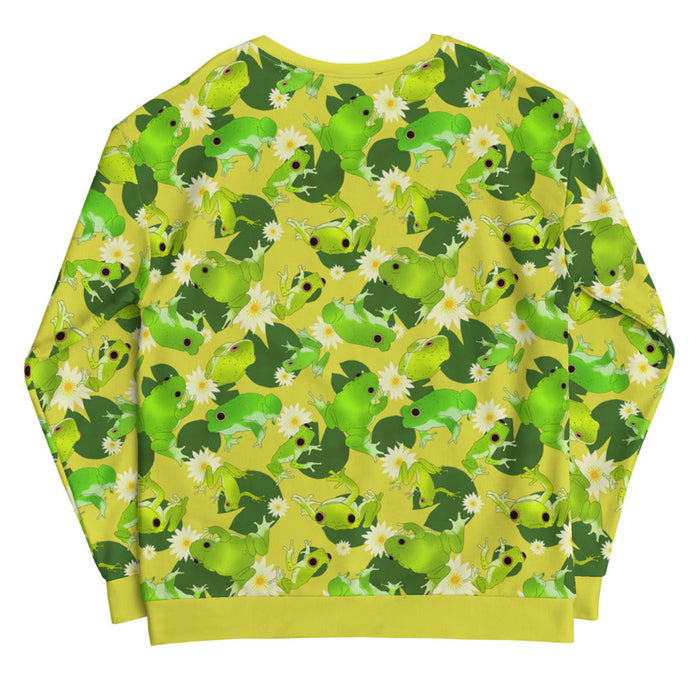 Kero-kero kawaii sweatshirt in yellow with speckled frogs and floating lily pads