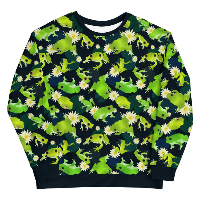Kero-kero kawaii sweatshirt in green with webbed-toed frogs and white lotus blossoms