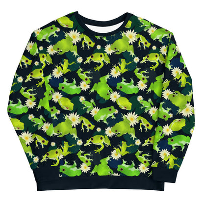 Kero-kero kawaii sweatshirt in green with webbed-toed frogs and white lotus blossoms