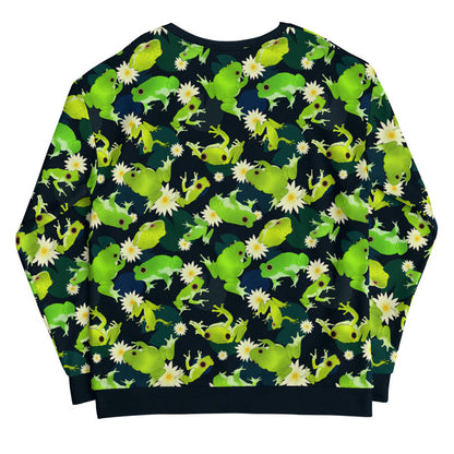 Kero-kero kawaii sweatshirt in green with hopping green frogs and sunlit water lilies