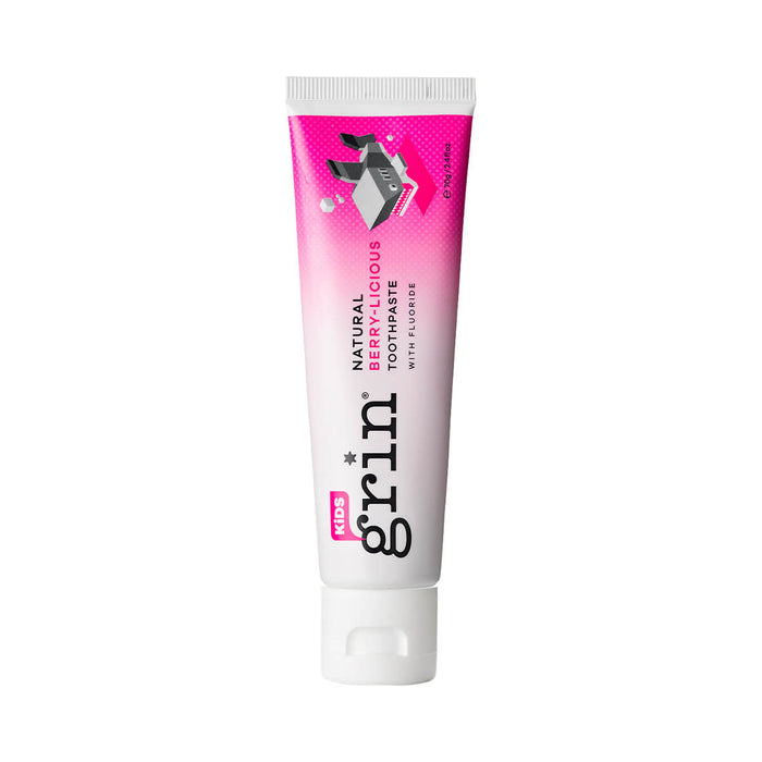 70g tube of Grin Kids Natural Berry-licious Toothpaste with Fluoride, gentle and effective formula specially for kids.