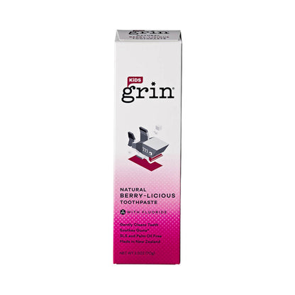 70g tube of Grin Kids Natural Berry-licious Toothpaste with Fluoride, gentle and effective formula specially for kids.