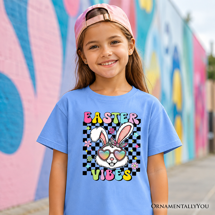 Kids Retro Easter Bunny Sunglasses T-Shirt, Groovy Youth Checkered Tee