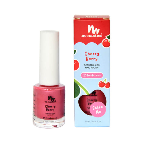 8.5ml No Nasties Kids Scented Nail Polish in Cherry Berry scent, pastel pink colour. Non-toxic nail polish for kids that scratches off easily.