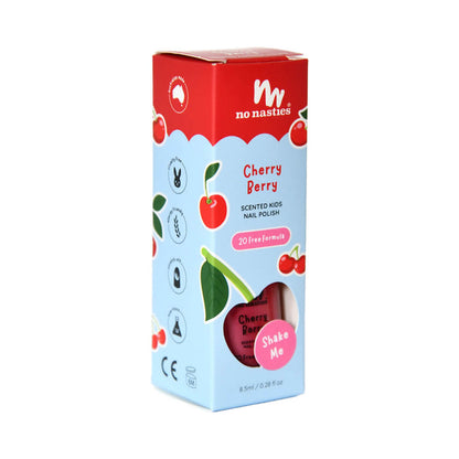 8.5ml No Nasties Kids Scented Nail Polish in Cherry Berry scent, pastel pink colour. Non-toxic nail polish for kids that scratches off easily.