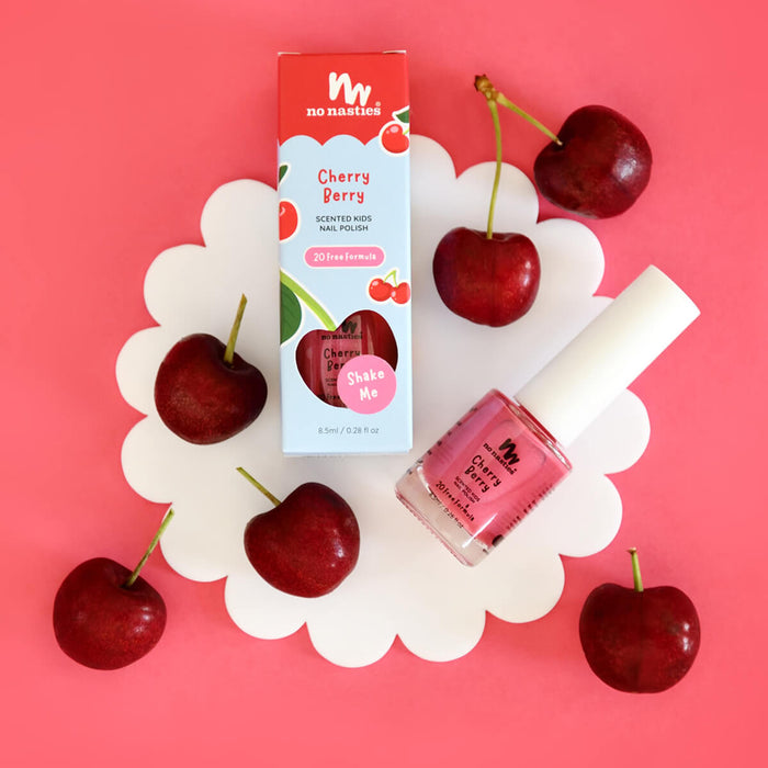 8.5ml No Nasties Kids Scented Nail Polish in Cherry Berry scent, pastel pink colour. Non-toxic nail polish for kids that scratches off easily.