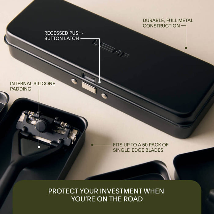 Black Leaf Shave travel case with labelled features on a beige background