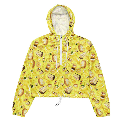 Lemon kawaii cropped windbreaker in yellow with glossy whole lemons and citrus tarts