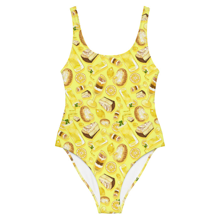 Lemon kawaii one-piece swimsuit in yellow with layered lemon parfaits and fresh mint sprigs