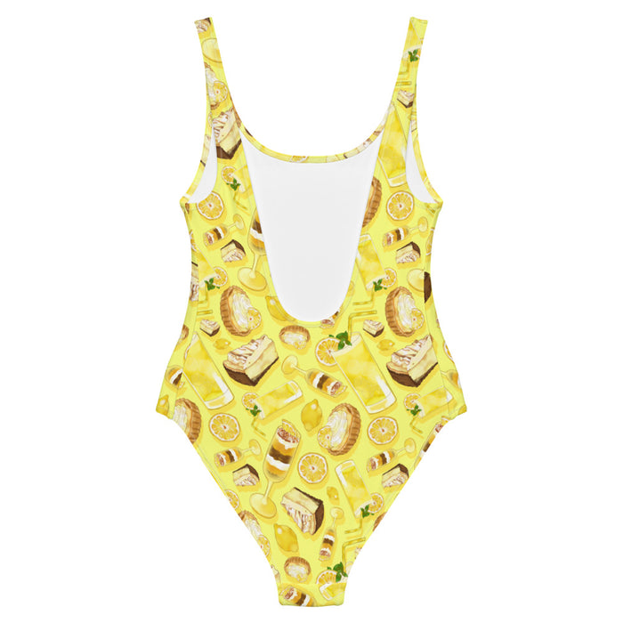 Lemon kawaii one-piece swimsuit in yellow with golden citrus tarts and iced lemonade