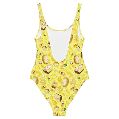 Lemon kawaii one-piece swimsuit in yellow with golden citrus tarts and iced lemonade
