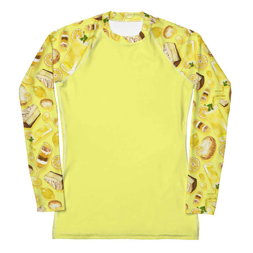 Lemon kawaii rash guard in yellow with a lemon meringue pie and glossy whole lemons