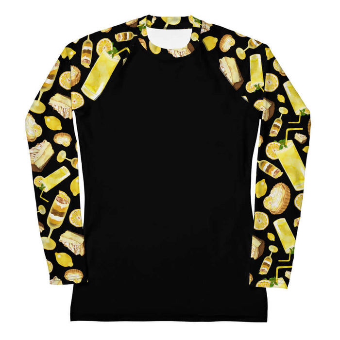 Lemon kawaii rash guard in yellow with golden citrus tarts and iced lemonade