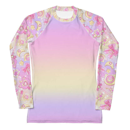 Magical Girl kawaii rash guard in pink or purple with gem hearts and star wands