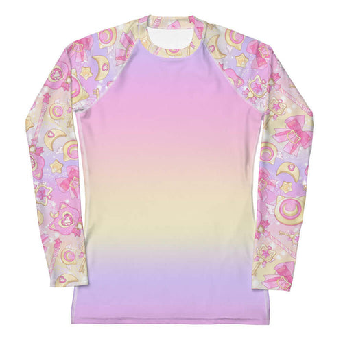 Magical Girl kawaii rash guard in pink or purple with gem hearts and star wands