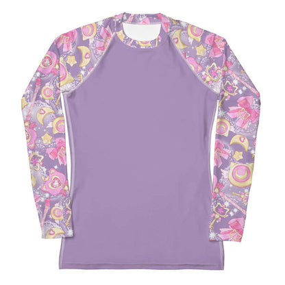 Pink or purple Magical Girl kawaii rash guard with ribbon bows and golden stars