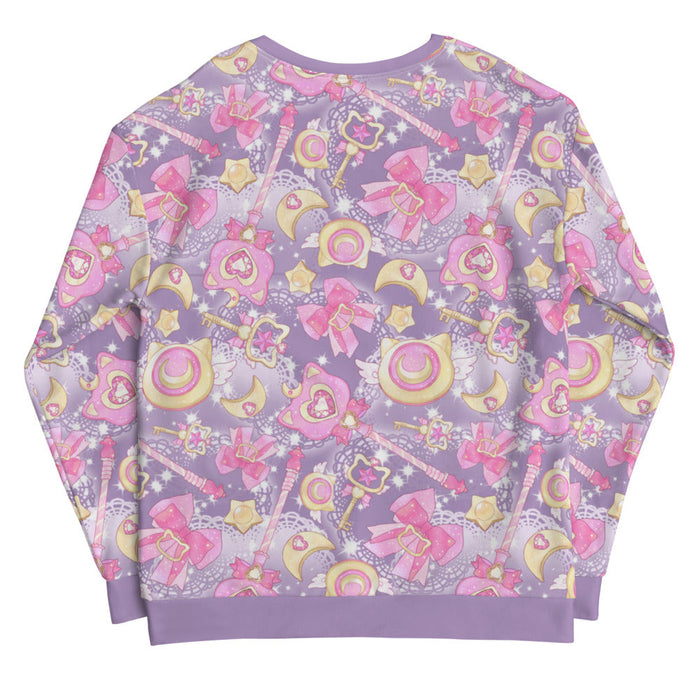 Magical Girl kawaii sweatshirt covered in magic scepters and heart gems, in pink and purple