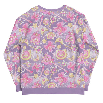 Magical Girl kawaii sweatshirt covered in magic scepters and heart gems, in pink and purple