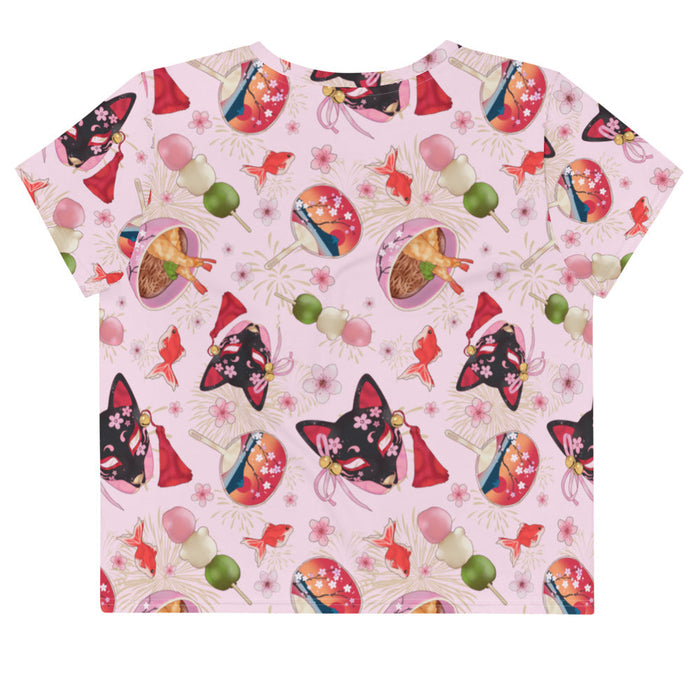 Matsuri kawaii crop top with sakura-painted kitsune masks and goldfish