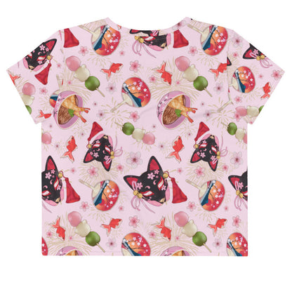 Matsuri kawaii crop top with sakura-painted kitsune masks and goldfish