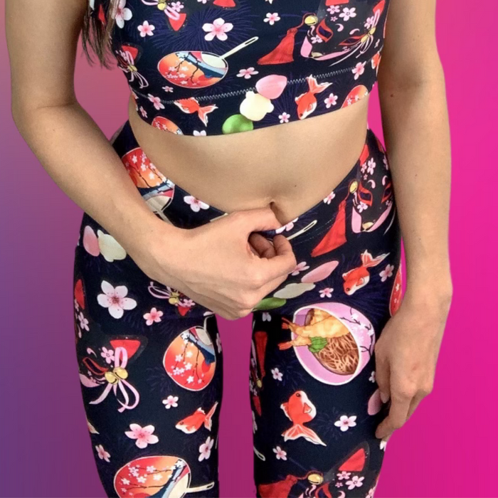 Matsuri kawaii leggings with sakura-painted kitsune masks and goldfish