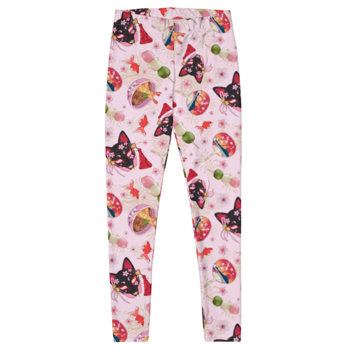 Matsuri kawaii leggings with red goldfish and cherry blossoms