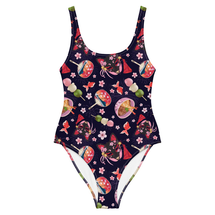Matsuri kawaii one-piece swimsuit with faint fireworks and kitsune masks