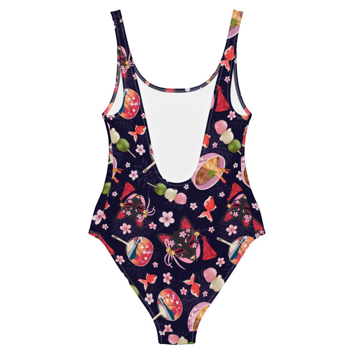 Matsuri kawaii one-piece swimsuit with hanami dango and sakura petals