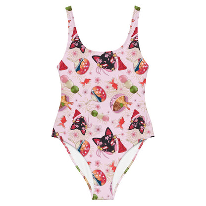 Matsuri kawaii one-piece swimsuit in pink with uchiwa fans and tricolor dango