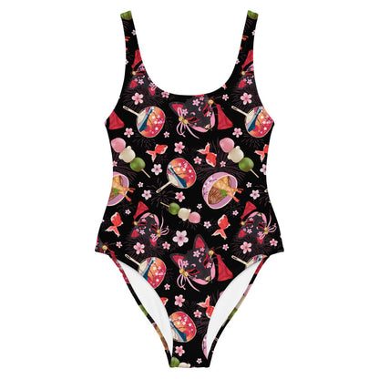 Matsuri kawaii one-piece swimsuit with red goldfish and cherry blossoms
