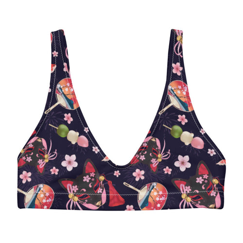 Matsuri kawaii padded bikini top with black kitsune masks and red goldfish