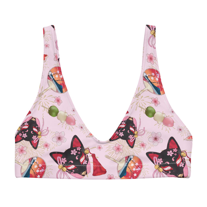 Matsuri kawaii padded bikini top in pink with uchiwa fans and tricolor dango