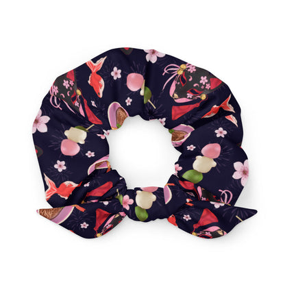 Matsuri kawaii scrunchie with black kitsune masks and red goldfish