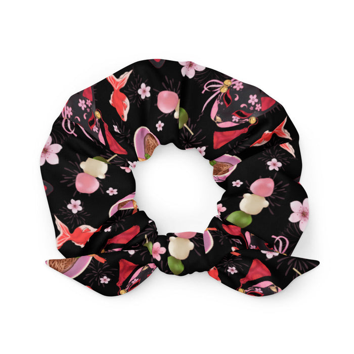 Matsuri kawaii scrunchie in black with red goldfish and cherry blossoms