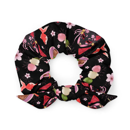 Matsuri kawaii scrunchie in black with red goldfish and cherry blossoms