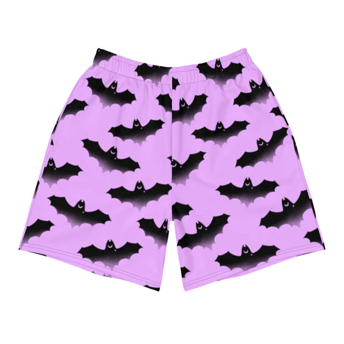 Aensland pastel-goth men's shorts in pink with watercolor bats and drifting clouds