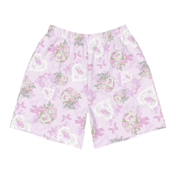Anniversary kawaii men's athletic shorts in blush and periwinkle with lace heart lockets and trailing rose sprigs